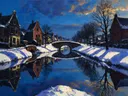 Landschapsschilderij, gracht met smalle huizen in de sneeuw