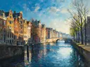 Landschapsschilderij, gracht met smalle huizen in de vroege lente