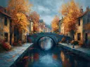 Landschapsschilderij, gracht met smalle huizen in gouden herfst