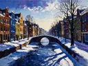Landschapsschilderij, gracht met smalle huizen in zijlicht