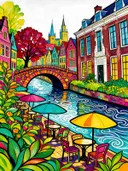 Gracht met terras in bonte kleuren, schilderij
