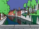 Gracht met trapgevels in cartoonstijl, schilderij