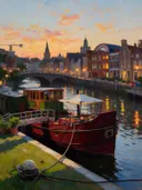 Gracht met woonboot in avondlicht, schilderij