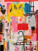 Abstract mixed-media schilderij met felle kleuren en graffiti-elementen