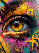 Portretschilderij van oog in graffitistijl, roze en geel