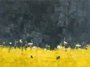 Abstract schilderij met het paletmes in grafiet en citroengeel
