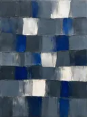 Abstract schilderij met het paletmes in grafiet en kobalt