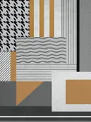Abstract patchwork-schilderij met hanenpoot- en streepmotieven