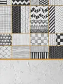 Grafisch patchwork schilderij met zwart-witte patronen