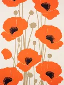 Grafisch patroon van oranje klaprozen met zwarte hartjes.