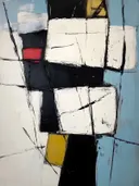 Geometrisch rasterschilderij in zwart, rood en geel