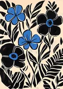 Grafisch retro schilderij van blauwe bloemen