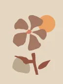 Illustratie van een gestileerde bloem in bruine en terracotta tinten met een zon.