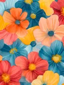 Blauwe, oranje, gele en rode bloemen in close-up grafische stijl