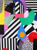 Abstract schilderij met zwart-witte strepen en kleurrijke geometrische vormen