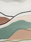 Abstract landschap schilderij met grafische heuvellijnen in terracotta en salie