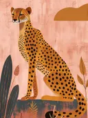 Schilderij van een jachtluipaard in grafische stijl op een roze achtergrond