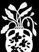 Zwart-wit lijntekening van een vaas met bladeren en bloemen.