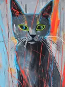 Grijze kat met neongele ogen en rode verfspatten in graffiti-stijl