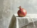 Stilleven met een granaatappel op een wit tafellaken