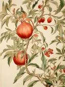 Botanische illustratie van een granaatappeltak met rijpe vruchten