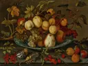 (Grapes peaches apples and plums in a wan li bowl123500) van Balthasar van der Ast: stilleven met druiven, perziken, appels en schaal, in donker met warm geel