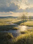 Landschapsschilderij, grasvlakte na de regen in zijlicht