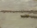 Gray Day on the Bay van William Merritt Chase: zee met baai, water, boot en grijze lucht, in gedempt grijs