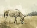 Schilderij van een ezel die graast in een veld.