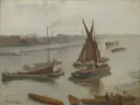 Grey and Silver: Old Battersea Reach van James McNeill Whistler: zee met rivier, boten, kade en schoorstenen, in gedempt grijs en bruin