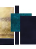 Abstract collage schilderij met gouden, teal en marineblauwe panelen