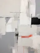 Abstracte compositie met grijze vlakken, een zwart blok en een koraalrode accentstreep.