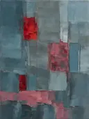 Abstract schilderij met het paletmes in grijsblauw en karmijn