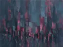 Abstract schilderij met het paletmes in grijsblauw en magenta