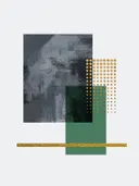 Abstract schilderij met grijs, groen en gouden stippen