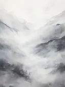 Waterverf schilderij van een bergketen die bijna volledig verdwijnt in witte mist.