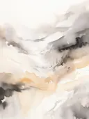 Abstract schilderij van grijze en okerkleurige bergvormen met inktspatten.