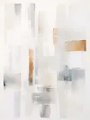 Abstracte compositie met verticale grijze, zandkleurige en okeren banen.