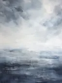 Abstract minimalistisch schilderij van horizontale grijze banden die water suggereren.