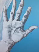 Grijze hand op fel blauw, abstract schilderij