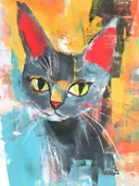 Grijze kat met gele ogen en rode neus tegen een oranje en turquoise achtergrond