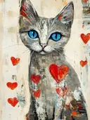 Grijze kat met blauwe ogen en rode hartjes, popart schilderij