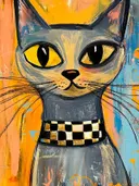 Grijze kat met gele ogen en een zwart-gouden geblokt kraag op een oranje achtergrond