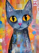 Grijze kat met oranje ogen, popart schilderij