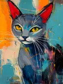 Grijze kat met felrode oren en gele ogen tegen een oranje-blauwe achtergrond