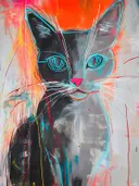 Grijze kat met turkooizen ogen in neonlijnen, dieren schilderij
