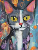 Schilderij van een grijze cyperse kat met witte bles, roze oren en groengele ogen op een paarse en oranje achtergrond