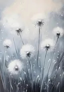Schilderij van paardenbloemen in grijstinten