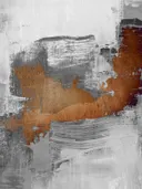 Abstract expressionistisch schilderij met grijze penseelstreken en koperen accent