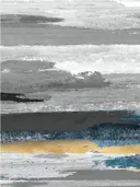 Abstract schilderij met grijze horizontale penseelstreken en gouden accent